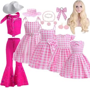 Mädchenkleider Film Barbi Mädchenkleid Cosplay Kostüm Rosa kariertes Kleid Rosa Oberteil und ausgestellte Hose Anzug Halloween-Kostüm für Kinder 231019