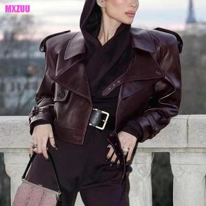 Cappotto da donna in pelle di montone da donna Designer di lusso Autunno classico bordeaux Grande bavero Spalla larga Giacca ultra corta Vera giacca a vento