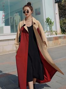 Casacos de trincheira femininos lanmrem na moda casaco contraste cor lapela cinto comprimento médio blusão senhora do escritório feminino streetwear outono 21250