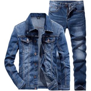 Männer Trainingsanzüge Mode Slim Sets Frühling Herbst Dunkelblau Denim Baumwolle Langarm Jacke Zerrissene Loch Jeans Paar Zwei Stück290B