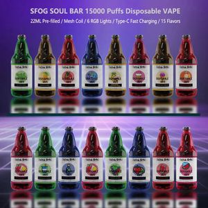 Elektronische Zigaretten-Dampfstifte SFOG Soul Bar 15.000 Züge E-Zigarette vorgefüllt 22-ml-Pod 15 Geschmacksrichtungen Vape Einweg-Puff 15.000 6 RGB-Licht