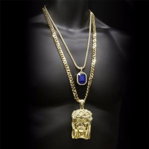 Hip Hop Golden Crowned Jesus Head Pendant Iced Out Square Gem Crystal Necklace Set Cuban Chain287n