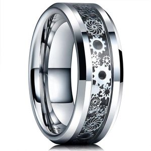 Vintage Silver Color Gear Wheel rostfritt stål Män ringer Celtic Dragon Black Carbon Fiber Inlay Ring Mens Wedding Band267h