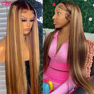 Synthetic Wigs Highlight Honey Blonde Ombre Straight Lace Front Human Hair Wigs Transparent Full Lace Frontal Wig For Women 12A Factory Price Q231019