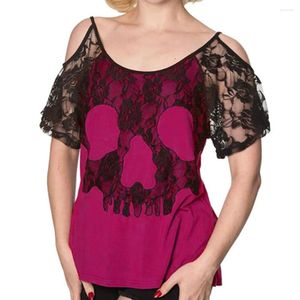 Mulheres Camisetas Plus Size Curva T-shirt de Ombro Frio para Mulheres Rosa Crânio Impressão Colorblock Painel de Renda Manga Curta Tee