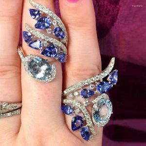 Anéis de cluster 2023 azul zircon safira gota de água cristal anel conjuntos de jóias bonito para mulheres bijouterie feminino acessórios de casamento