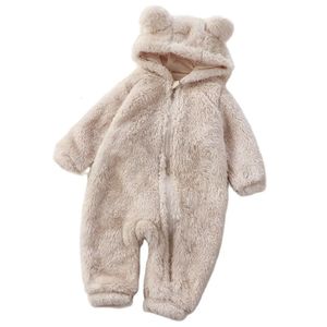 Rompers Baby Girls Boys Winter Clothes Snowsuit Teddy Bear Onesie Outfit Born Fleece Jumpsuit Romper Coat Hooded Suit för 0-36m 231019