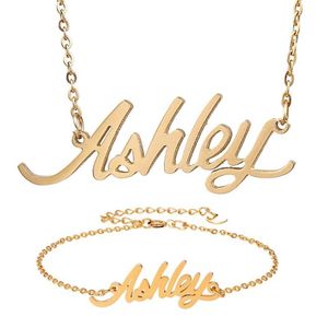 Küpe Kolye Moda Paslanmaz Çelik Adı Bileklik Set Ashley Script Mektubu Altın Ceza Zinciri Kolye İsim Tabanı GI253N