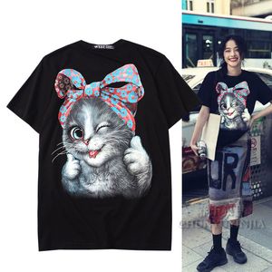 Chun yu yin jia märkesdesigner högkvalitativa kläder 3d tryck rolig söt kattmönster kortärmad grafisk tshirt svart vit kvinnor tee