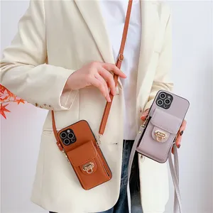 Luxo Crossbody Litchi Grain Handbag Vogue Phone Case para iPhone 15 Plus 14 13 12 11 Pro Max XR XS Múltiplos slots para cartões Lychee Pattern Suporte de carteira de couro capa traseira
