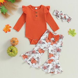 Clothing Sets Born Infant Baby Girls Fall Outfit Long Sleeve Romper With Pumpkin Print Flare Pants And Headband Halloween Clothes