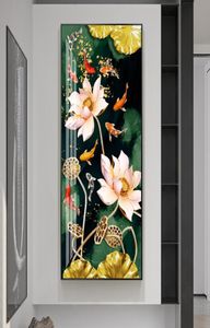 Obrazy Nordic Luxury Lucky Nine Fish Canvas Painting Feng Shui Koi Plakaty Lotos Flowers Pictures na korytarz salon 3006399