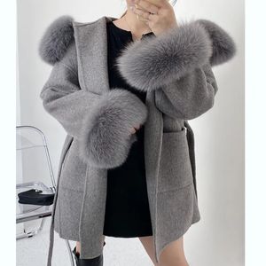 Женская верхняя одежда из искусственного меха большого размера, женская верхняя одежда, зимнее пальто, женская зимняя куртка с натуральным воротником и манжетами, капюшон, кашемир, шерсть, шерсть 231018