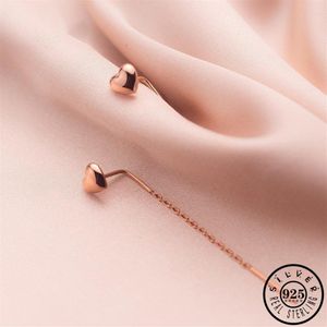 Mode 925 Sterling Silver Small Heart Shape Statement Rose Gold Color Long Chain Ear Hanging Dingle Drop örhängen för kvinnor254L