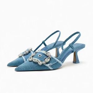 Elbise ayakkabıları denim rhinestone parıltılı kadın pompalar düğün gelin slingback sivri ayak stilito alçak topuk zarif bayanlar 231019