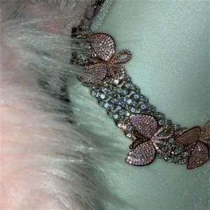GLAMing Collana girocollo con farfalla rosa a maglie cubane da donna Collana con strass di cristallo regolabile bling catena uomo argento colore2243
