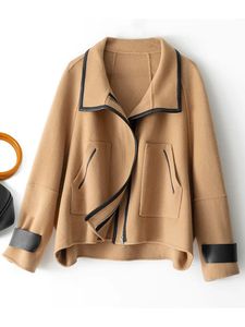 Womens Wool Blends Autumn and Winter Genuine Leather Edge Coat Pure Color Matching Short Shopping AllMatch Top 231018