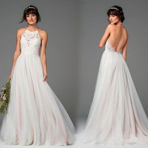 Vestidos de casamento branco vestidos de noiva sem costas marfim novo zíper plus size personalizado rendas até o chão sem mangas uma linha halter applique renda tule