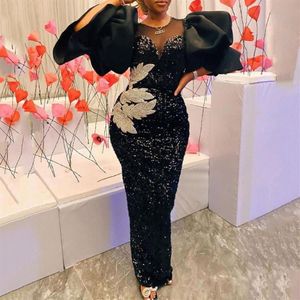 Casual Dresses Women Black Sequin Long Dress Floral Embroidered Bodycon Puff Sleeve Party Birthday Wedding Club Outfits 2021 4XL283F