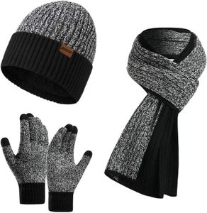 Hats Scarves Sets Warm Knitted Men's Scaves and Beanie Hat Gloves Set with Touchscreen Gloves Winter Thick Fleece Lined Neck Gaiter Cap Gloves 231019