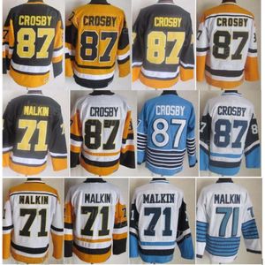 Man Retro Hockey 87 Sidney Crosby Jerseys 71 Evgeni Malkin Vintage Classic CCM Retire Color Black White Blue Yellow All Stitch for Sport Fans