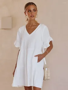 Women's Sleepwear Hiloc Ruffle Short Sleeve Cotton Dresses Loose Above Knee Night Dress Women Nightgowns White V-Neck Nightgown Autumn
