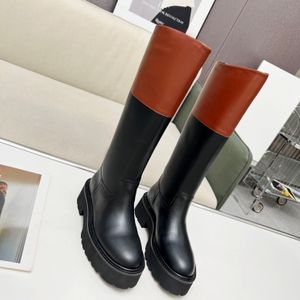 Knee High boots calfskin Leather Logo-tab Mid-Calf Round toe Slip-on low heels Chelsea Knight Booties luxury designer women Fashion shoes factory footwear with box