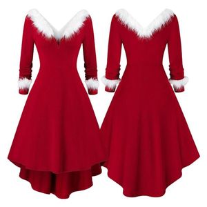 Casual Dresses Women Christmas Long Sleeve Sexy V-Neck Red Midi Swing Dress White Plush Trim Pleated Asymmetric Party Santa Costum2735