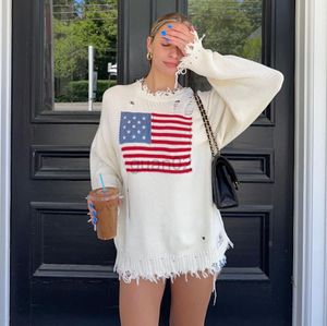 Autumn Overdimensionerad tröja 2023 Vintage American Flag Knittad Rippad Loose Women's Sweater Fashion Trend