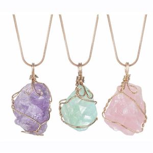 Natural Raw Crystal Pendant Necklace Roungh Tumbled Rock Stone Healing Irregular Handmade Jewelry for Women with long chain328v