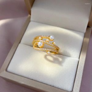 Cluster Rings Gorgeous Multi Layer Gold Color Plated Fake Pearl And Cz Zircon Open Ring For Women Stainless Steel Wedding Bridal Jewelry