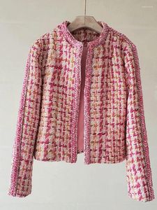 Jaquetas femininas Pista Primavera Outono Elegante Cor Rosa Lã Tweed Jaqueta Mulheres Luxo Houndstooth Doce Design Casacos Feminino Casacos Blusa