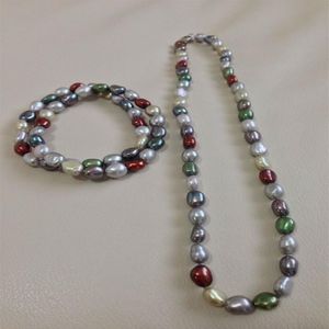 Hand made natural beautiful multicolor 8-9mm baroque freshwater cultured pearl necklace 18 bracelet set fashion jewelry2672