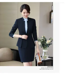 Vestido de duas peças formal azul marinho blazer feminino ternos de negócios 2 saia e jaqueta define escritório senhoras jaquetas trabalho uniforme ol estilos