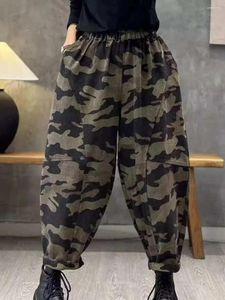 Calças de brim femininas mulher outono camuflagem cintura elástica denim harem calças casuais streetwear solto tornozelo comprimento em linha reta