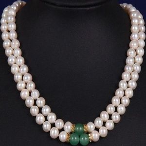 2 rad 8-9mm South Sea White Green Jade Mother Pearl Necklace Yellow Clasp178L