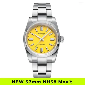 Armbanduhren Phylida 37 mm gelbes Zifferblatt Armbanduhr NH38A Automatik Herrenuhren Perpetual für Herren FkEvNH35ASgI5