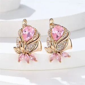 Hoop Earrings Elegant Pink Crystal Water Drop Stone Earring Cute Leaf Flower For Women Champagne Gold Color Wedding Jewelry Gift