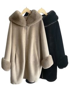 Women's Fur Faux Mink Wool Suede Lining Long Coat with Big Fake Collar Hooded Jacket HT42 231018