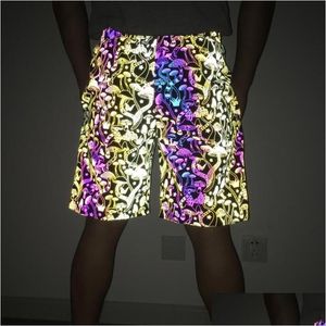 Mens Shorts Est Mticolor Yansıtıcı Mantar Erkekler Yaz Gecesi Parlak Biker Kadın Kısa Pantolon Çift Hip Hop Seksi Bayanlar Damla Teslimat