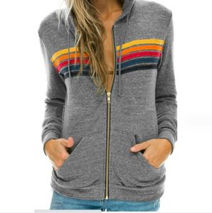 Dhilz Damenjacken, Streifen, Regenbogenfarben, bedruckt, dünne Kapuzenpullover, Damen-Winter-Baumwollparka für Übergrößen-Mantel, Drop-Lieferung, Bekleidung, Damen Dhilz