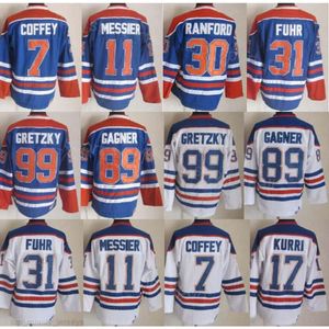 Man Retro Hokey 99 Wayne Gretzky Formalar Vintage Classic 31 Grant Fuhr 11 Mark Messier 30 Bill Ranford 7 Paul Coffey 89 Sam Gagner 17 Jari Kurri CCM Dikiş Blue White