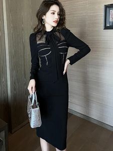 Casual Kleider Frühling Midi für Frauen 2023 Elegante Mode Schwarz Slim Fit Kleid Bogen Verband Robe Party Fest Büro Dame kleidung Vestido