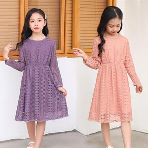 Kız Elbiseler Kızlar Prenses Dantel 2023 İlkbahar/Yaz Çocukları Saf Pamuk Oyuk Out Uzun Kollu Elbise Fo Yaş 4-15 Yıllık Giysiler