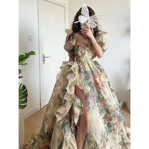 Urban Sexy Kleider 2023 Sommer Elegantes Abendpartykleid Kurze Puffärmel Khaki Print Organza Damen Bodenlang Überlänge Prinzessin Lang 231018