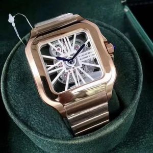 De Luxe Montre Gold Mens Relógios Esqueleto Quadrado 39mm Tamanho Relógio Todo em Aço Inoxidável Casual Business Quartz Relógio de Pulso