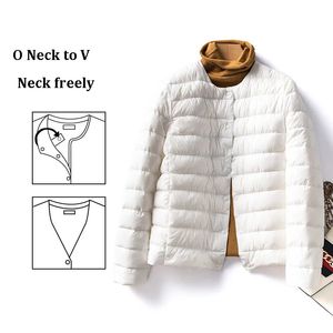 Women's Down Parkas Womens Winter Coat Solid Lightweight Down Jacket Women Knapp Kort runda nacke V-Neck Casual White Puffer Jacket 231020