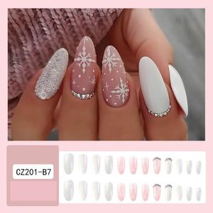 Unghie finte 24 pezzi/scatola Toppe per unghie indossabili stile fiocco di neve bianco natalizio con glitter e diamanti realizzati a mano