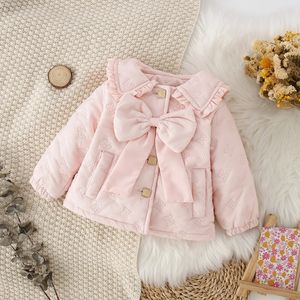 Down Coat Winter Girls' Coat Bow Embroidery Solid Color Baby Thickened Jacket Flip Collar Girls' Cotton Coat Big Bow Children's Clothing 231020