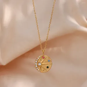 Pendant Necklaces 2023 Deliacte Red White Green Blue Zircon Sun Star Moon Round 18K Plated Stainless Steel For Woemn